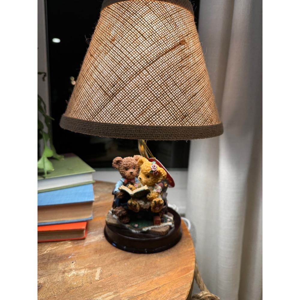 Story Bears Hand-Crafted Accent Lamp Reading Teddy Bears Resin Base Burlap Shade